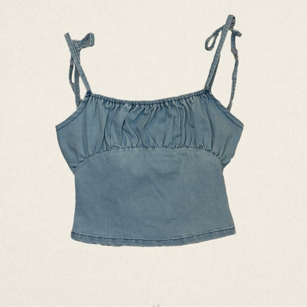 Missguided blue ruched bust detail denim tie shoulder babydoll cropped top NWT